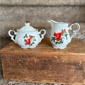 Vintage Creamer and Sugar Set with Red Cardinal Motif